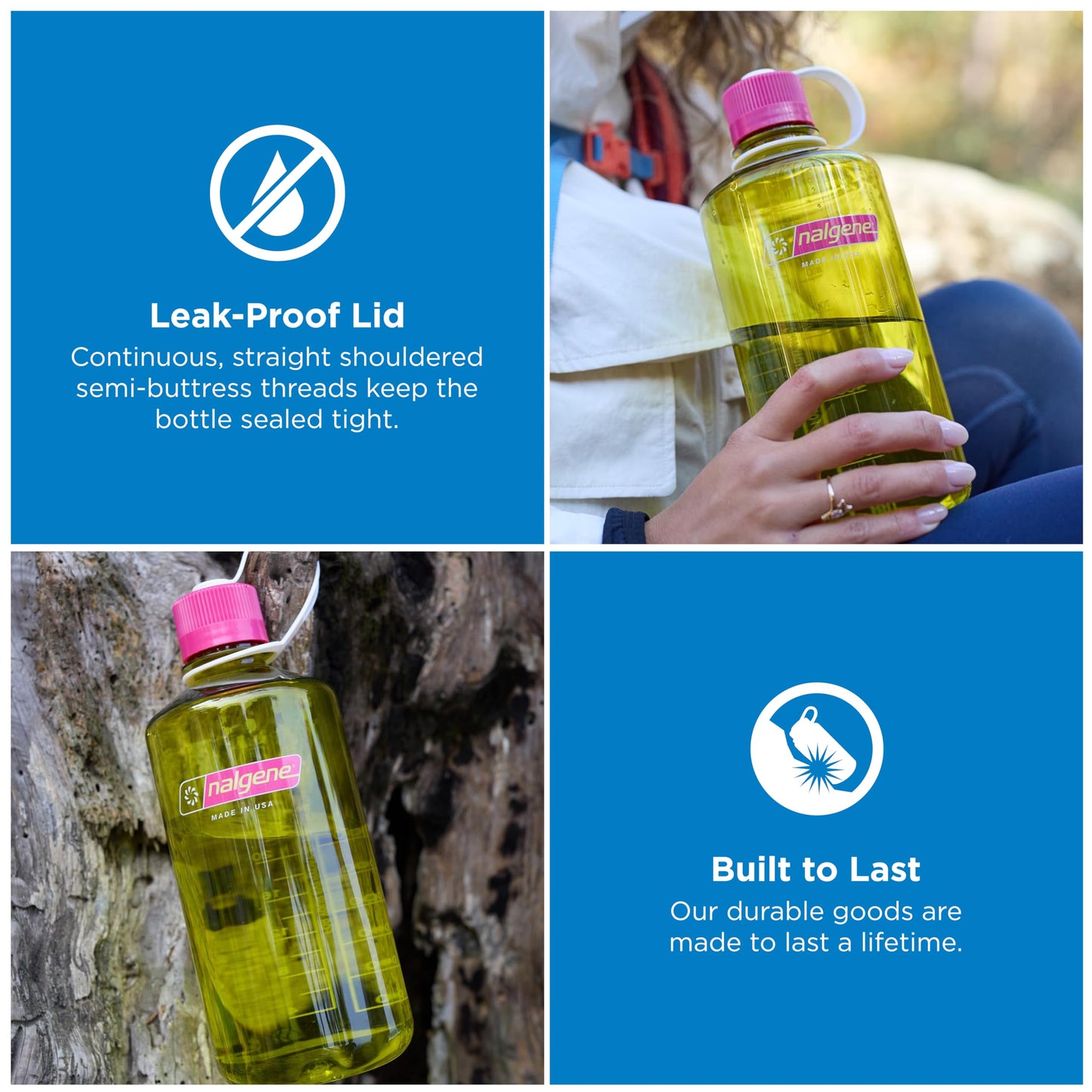 Nalgene 32 oz Narrow Mouth Water Bottle | BPA-Free, Durable & Leak Proof, Lightweight for Hiking & Gym – Thrill & Motion, Endive w/Fuschia Purple