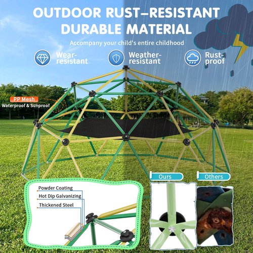 Climbing Dome,10FT Dome Climber with Hammock, Outdoor Play Equipment for 3 to 10 Children, Supports Jungle Gym up to 1,000 lbs, Rust Resistant, Easy to Assemble, Gift for Kids, Green+Yellow
