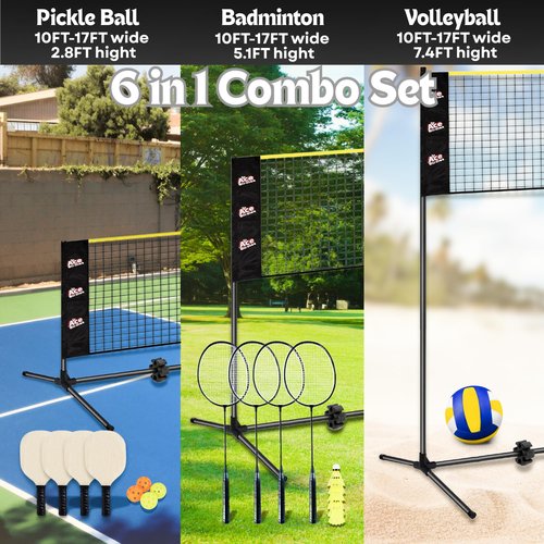 Ace Birdies Complete Badminton Sets (10FT/17FT) Adjustable Width, Adjustable Height (2.8/5.1/7.4FT), Badminton Pickleball Volleyball Set with Net, 4Racket+4Paddels+Volleyball for Outdoor Family Game.