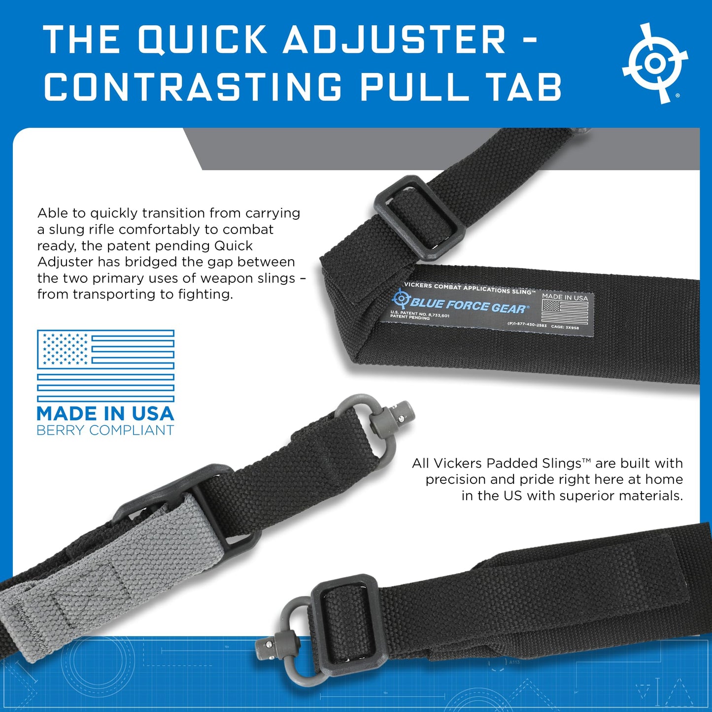 Blue Force Gear Vickers Padded Sling with Push Button Swivels - 2-Point Adjustable Sling, Black
