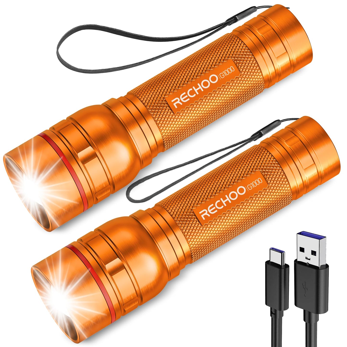 Rechargeable Flashlights High Lumens, G1000 Super Bright Flash Light 2 Pack, Small Zoomable LED Flashlight with 3 Lighting Modes, Portable Flashlight for Camping Essentials (Battery Included)-Orange