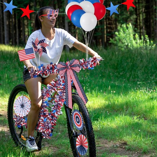 Threehoney 41 Pcs 4th of July Bike Decor Set for Kid Memorial Day Bicycle Patriotic Tinsel Garland Streamer Bow USA Flag Garland Ceil Fan Star Windmill Glasses Balloon for Parade Party Favor