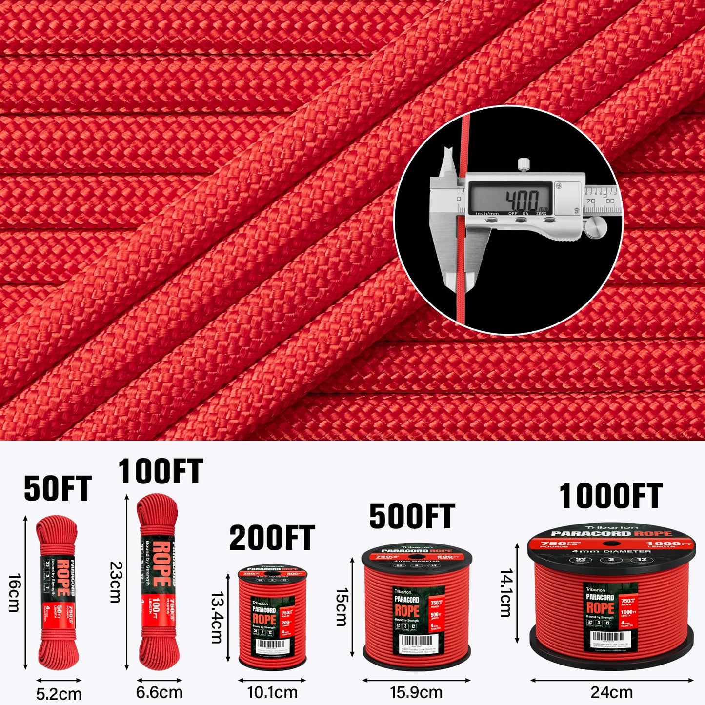 TRIBERION Paracord Rope 750 lb - 100ft 5/32" Parachute Cord 4MM 12-Strand para Cord - Heavy Duty Spool String for Survival,Camping Gear, Survival Bracelet, Clothesline - Red