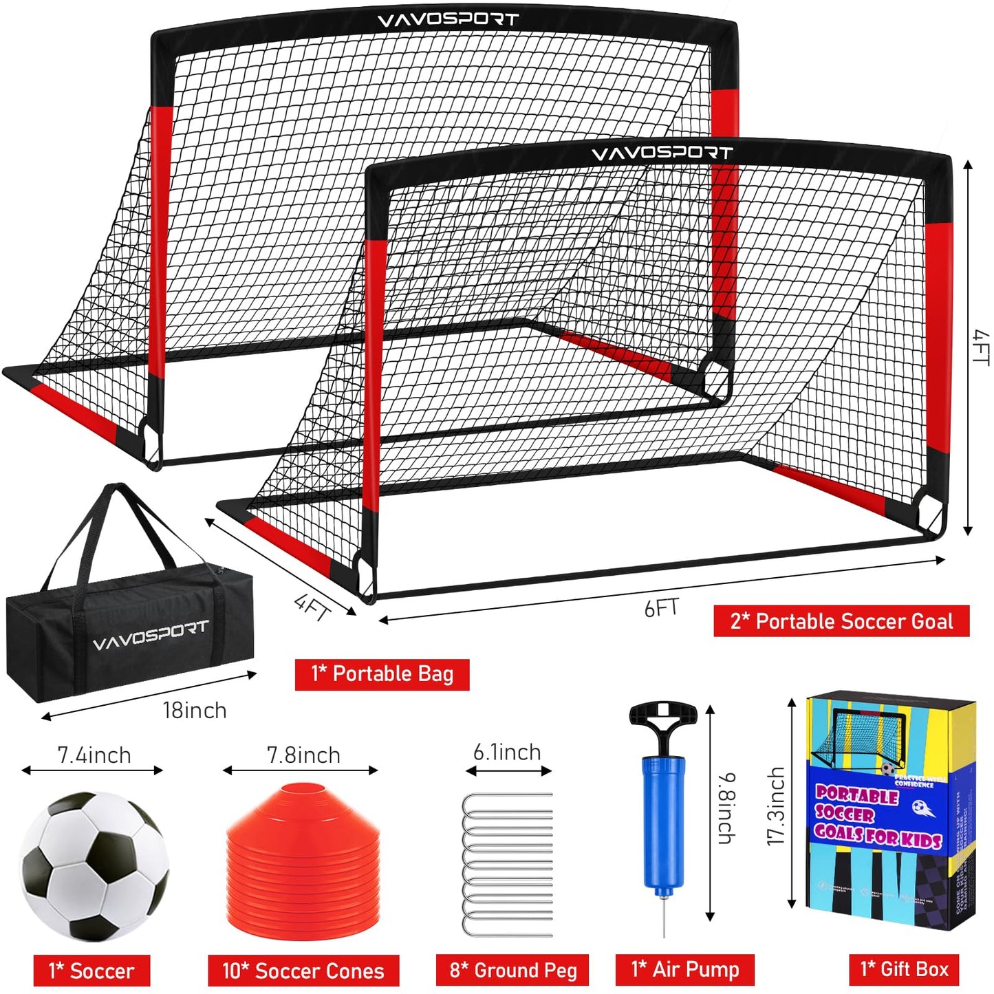 Kids Soccer Goals for Backyard Set, 2 of 6x4 ft Portable Pop Up Soccer Goal Training Equipment, Soccer Net with Soccer Ball, Ladder, Cones, Soccer Set for Youth Toddler Games, Sports