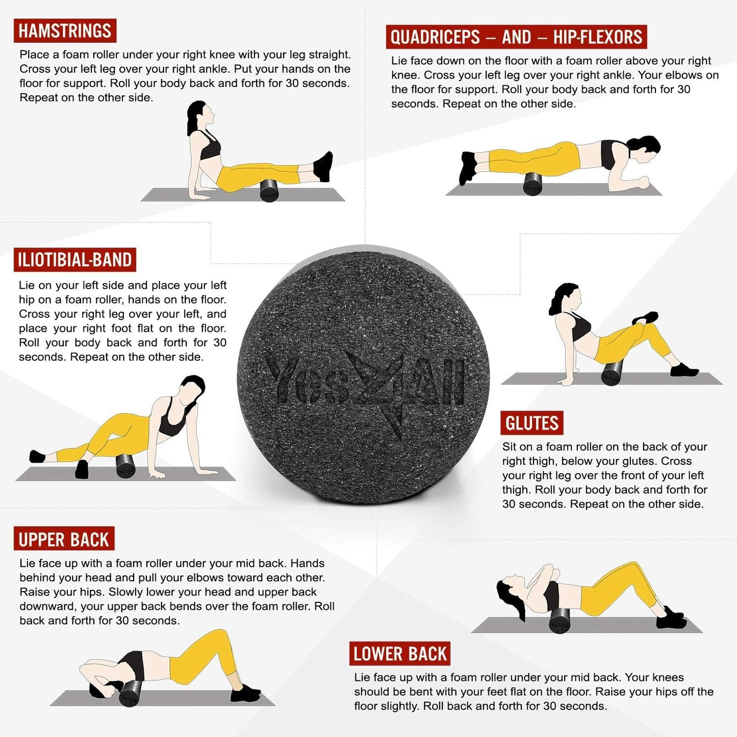 Yes4All Medium Firm Round PE Foam Roller 12, 18, 24, 36 Inches for Pilates, Yoga, Stretching, Balance & Core Exercises