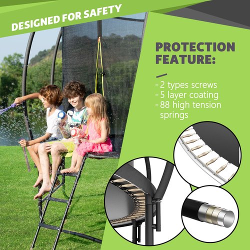 14FT Trampoline with Safety Enclosure, Anti-Rust Coating – ASTM Certified, Heavy-Duty Outdoor Trampoline with Ladder – for Kids & Adults, Black