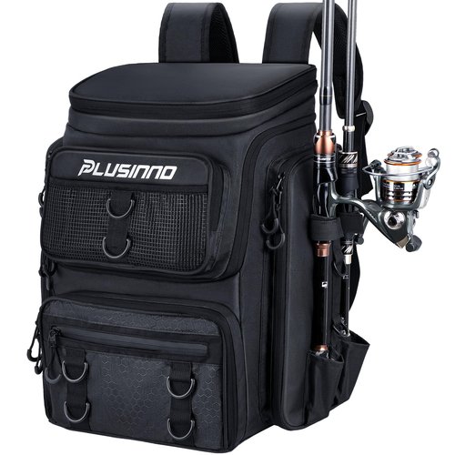 PLUSINNO Fishing Backpack With Rod Holder, 42L Water-Resistant Fishing Gear Tackle Box Backpack, Fishing Tackle Bag For Men