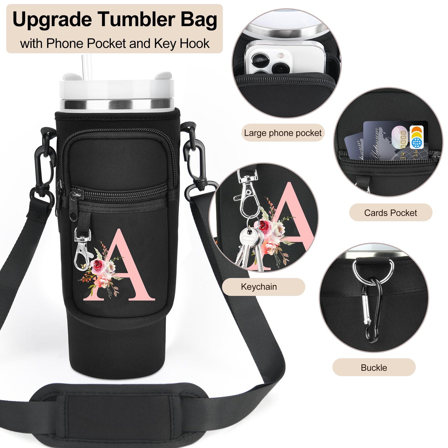 Sernaxi Initial Water Bottle Holder with Strap for Stanley Cup Accessories 40 oz/Simple Modern Tumbler, Birthdays for Women Girls, Water Bottle Carrier Bag with Phone Pocket,Hiking Walking Gym Camping