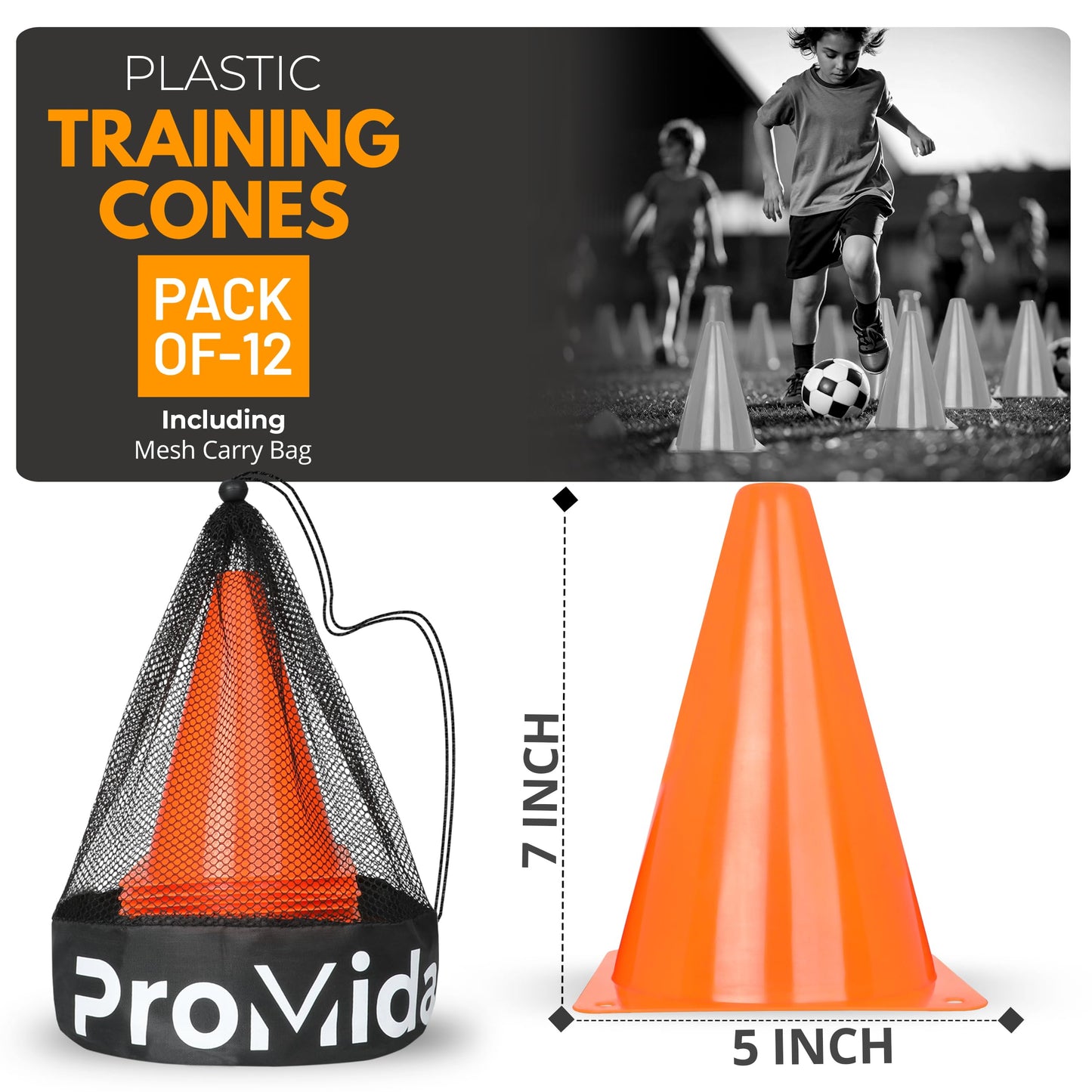 Soccer Cones for Training Kids With Mesh Bag - 7 Inch - Small Traffic Cones for Sports Training - Small Orange Cone - Flexible Conos for Soccer Practice, Basketball, Football Drills (12PCs - Orange)
