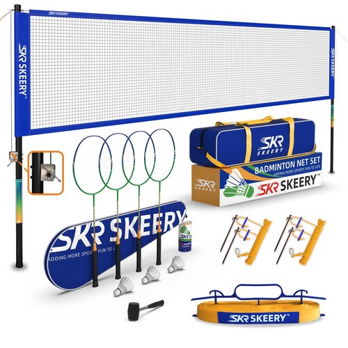 SKEERY Professional Badminton Set with Winch System,Portable Badminton Net Includes Carbon Aluminum Badminton Rackets Set of 4,3 Shuttlecocks and Carrying Bag,Badminton Sets for Backyards,Beach (Blue)