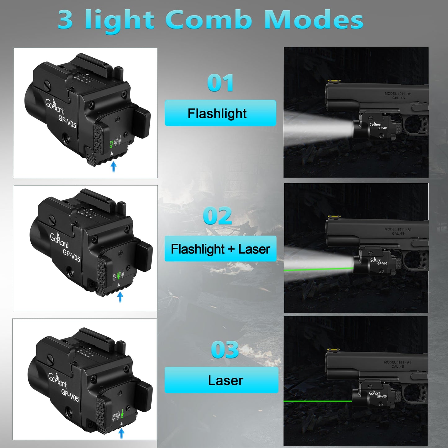1500 Lumens Aircraft-Grade Aluminum Compact Pistol Flashlight, Picatinny Flashlights Laser Weapon Light, Subcompact Tactical Pistol Lights,Green Laser Light Combo For Handgun, Rechargeable Gun Laser