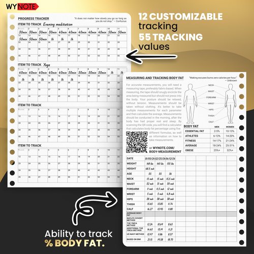 Fitness Journal Black on 150+ Workouts Yearly Calendar 55 Tracking Values - A5 Workout Journal with Fat tracking Muscle Exercises - Planner to 12 items to track 7 comparative periods + Goals