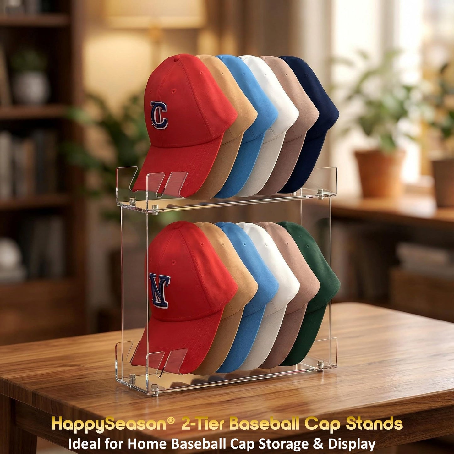 Happyseason 2 Pack 2-Tier Hat Organizer for Baseball Caps, Acrylic Baseball Cap Display Stand, Hat Rack Two Levels, Hat Organizer Shelf for Closet, Hat Holder Holds 28 Caps