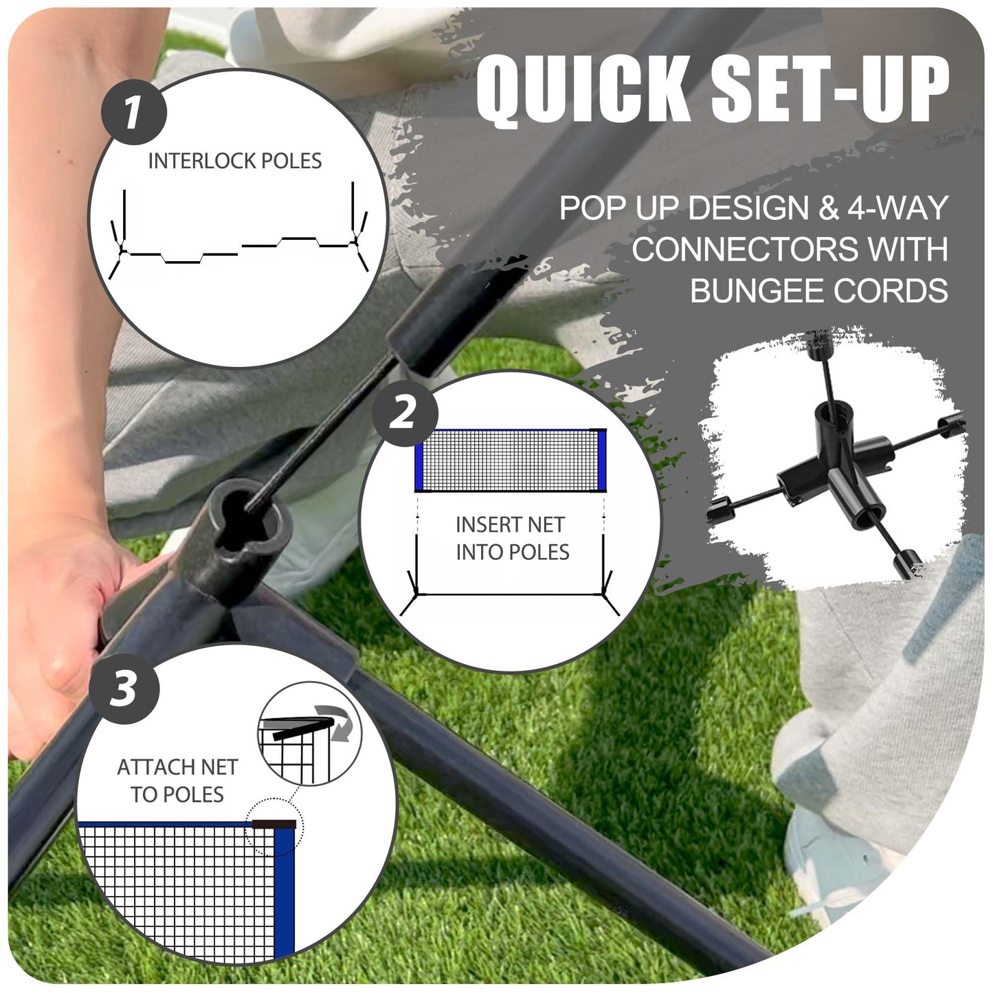 JOLORLY Badminton Sets for Backyards, Kids Volleyball Pickleball Combo Set with Net, Adjustable Width and Height (13.5ft/20ft Width x 7ft max Height) Portable Freestanding Rackets Set