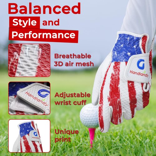 HANDLANDY Golf Gloves for Kids Boys and Girls, 1-Pack Left Hand, Breathable Comfort Gloves Gift for Youth Toddler Junior (American Flag, Medium, Age 7-9)