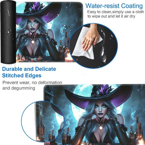 Yuxcfhjfe Playmat for MTG, 24x14 Inches, for TCG and CCG Trading Card Game Mat, Non-Slip Rubber for MTG Playmats with Storage Bag and 6 Dice Set, Witch Under The Moonlight