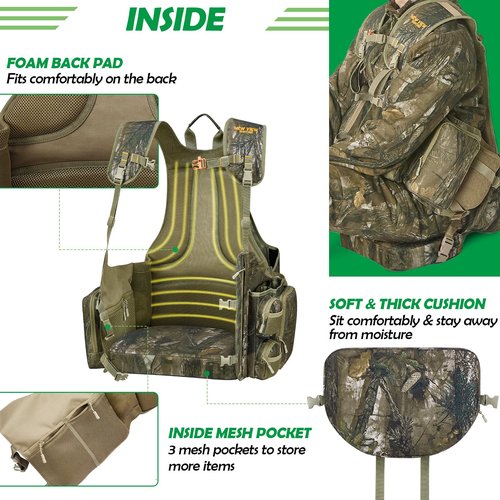 NEW VIEW Turkey Hunting Vest with Seat - Lightweight Camo Adjustable Fit, Removable Cushion and Large Game Bag Storage for Turkey Hunting