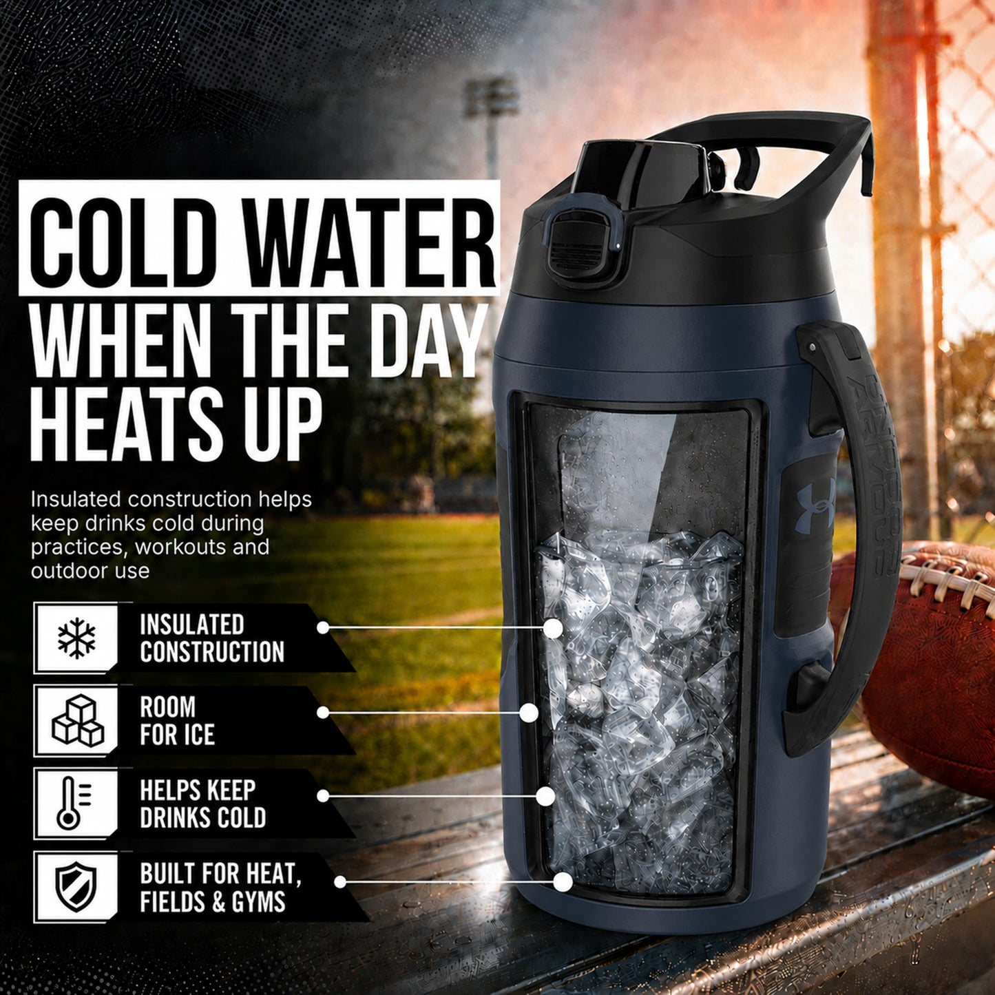 Under Armour Insulated Water Bottle with Handle & Fence Hook, Half Gallon Sports Water Jug, Leak-Resistant & BPA-Free for Baseball, Football & Gym - Penta Pink/Black, 64oz