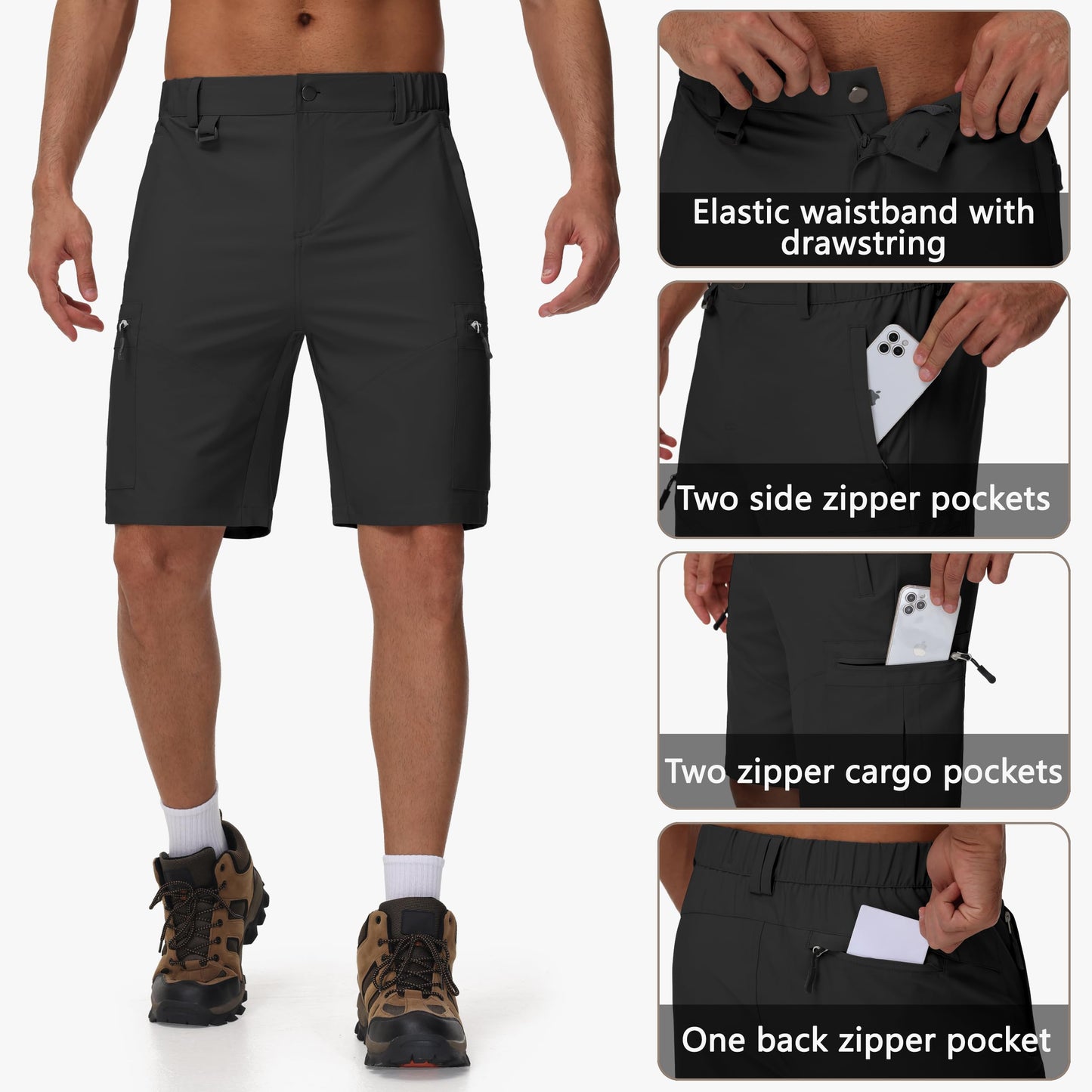 JWM Men's 9" Hiking Cargo Shorts - Lightweight Quick Dry UPF 50+ Stretch Outdoor Shorts with 5 Zipper Pockets for Golf Fishing Travel Work