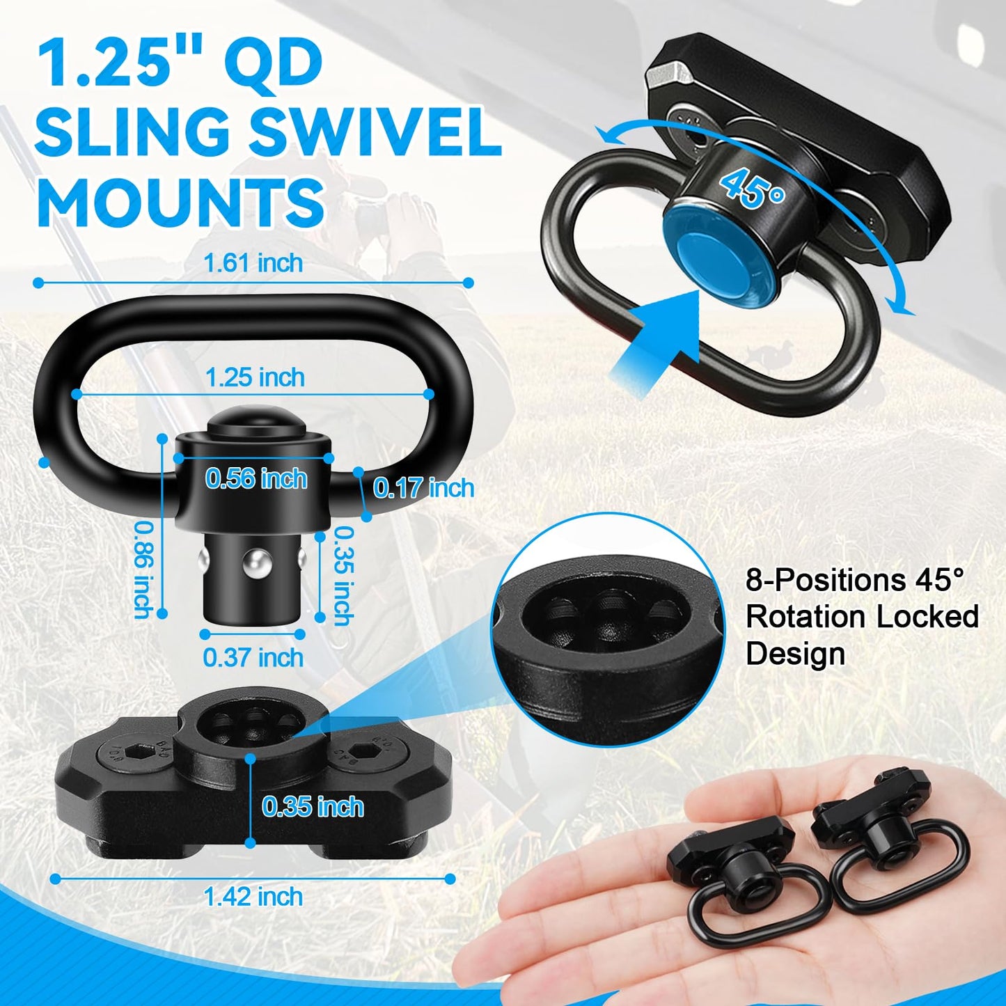 REERON Two Point Traditional Rifle Sling with 2 Pack 1.25" QD Swivel Mounts for Mlock - Adjustable Extra Long 2 Point Traditional Sling