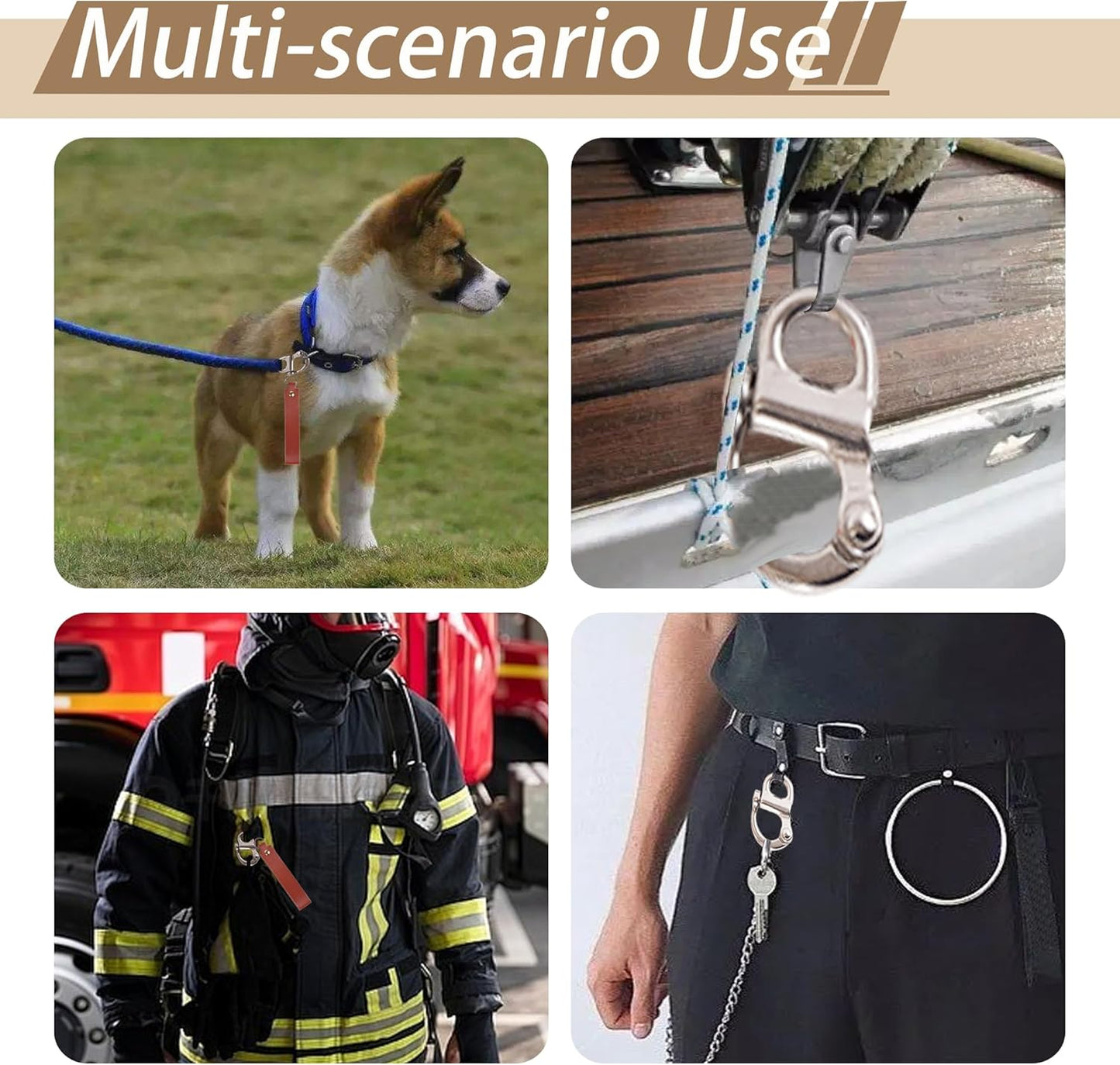 2 Pcs Firefighter Quick Release Shackle with Leather Handle, 316 Marine-Grade Stainless Steel Quick Release Clip, Fixed Snap Shackle Lanyard for SCBA Mask, Sailing Rigging Shackle, Boat Buckle