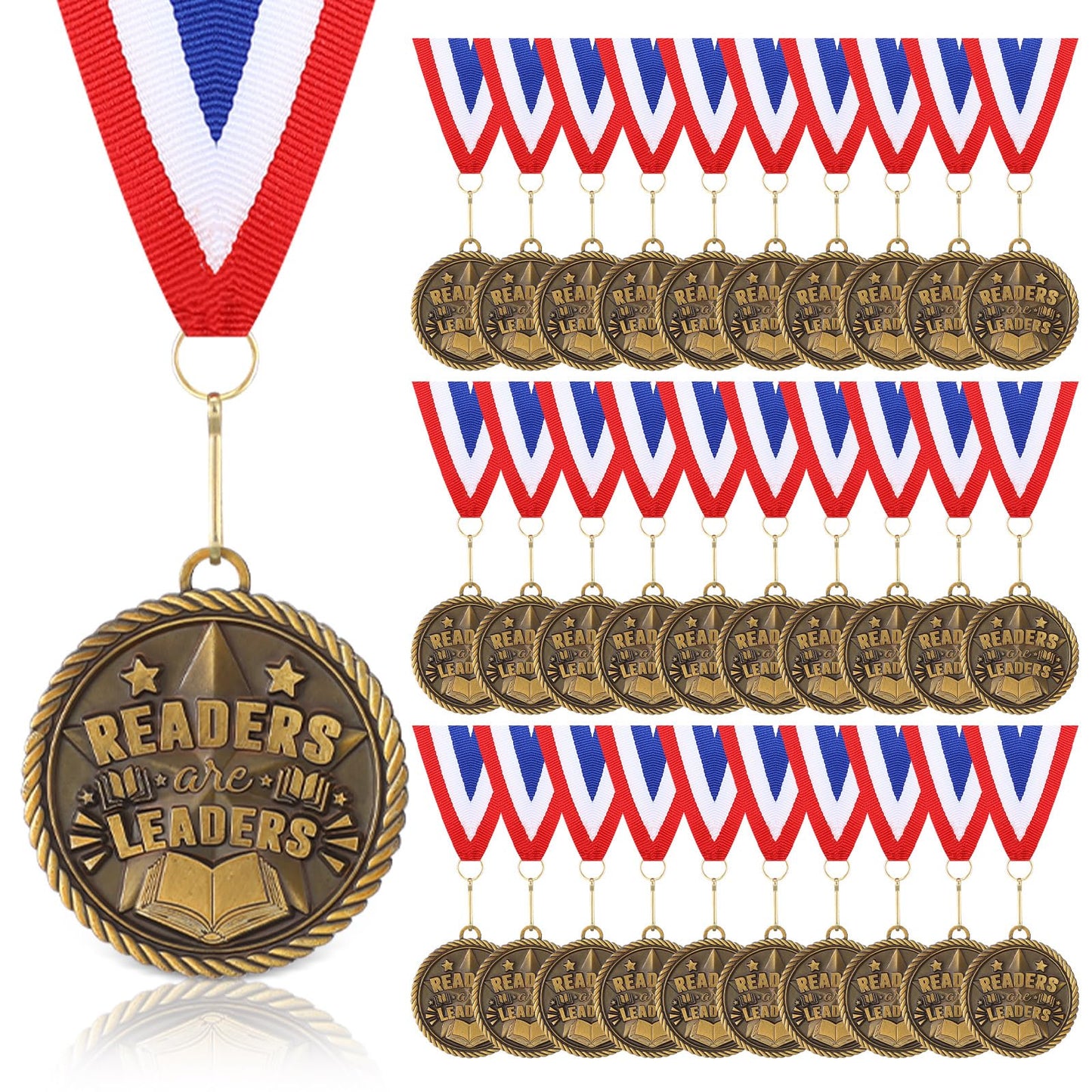 Loetere 30 Pcs Gold Award Medals Bulk 2 Inch Readers are Leaders Award Reading Medals Trophy Gift Prizes with Neck Ribbons for Scholastic Competitions Book Lovers