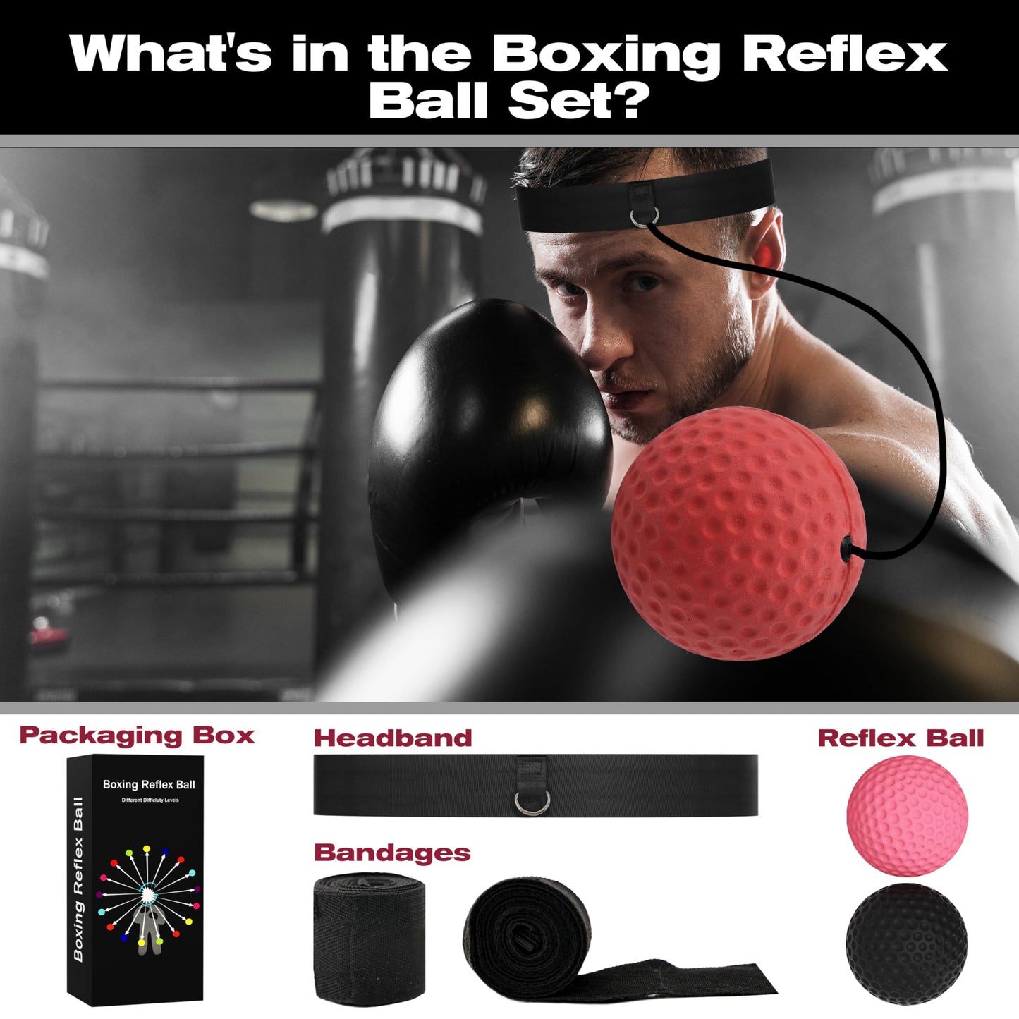 Boxing Reflex Ball with Hand Wraps - 2 Difficulty Levels Boxing Ball to Improve Speed, Hand-Eye Coordination，Fight Reaction for Adults, Kids