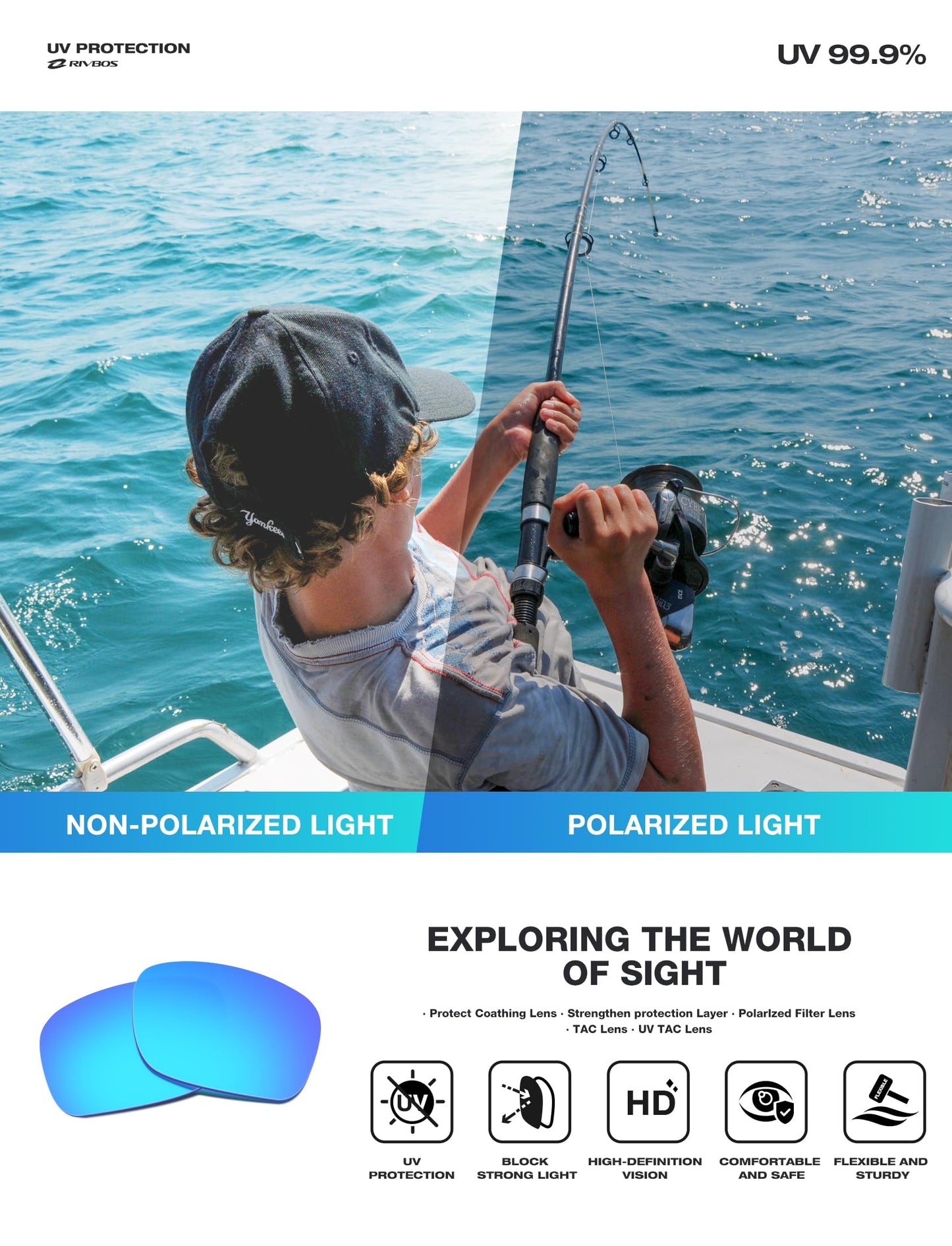 RIVBOS Polarized Sports Sunglasses Driving Sun Glasses Shades for Men Women Tr90 Frame for Cycling Fishing Running RB831 Blue Black Frame/Blue Lens