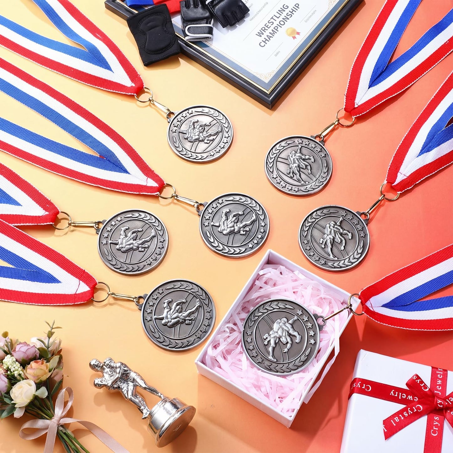 Remuuly 30 Pcs Silver Medals Bulk 2'' Basketball Soccer Volleyball Football Kickball Tennis Hockey Medals for Award Metal Trophy with Neck Ribbons for Sports Participation Tournament Gift (Wrestling)