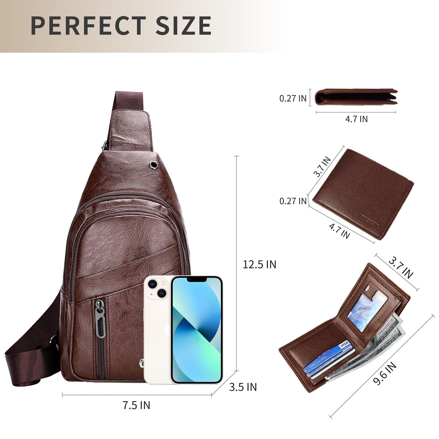 2 Pack Sling Bag Set, PU Leather Sling Bag with Classic Wallet, Multi-Zipper Design for Travel, Outdoors