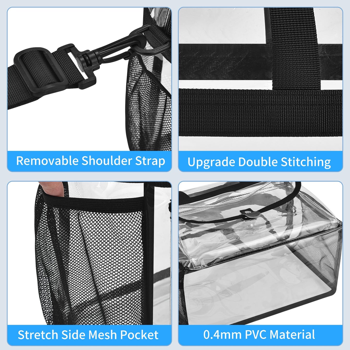 Higuyst Clear Tote Bag 12x12x6 for Sports Events & Concerts,Transparent Stadium Bag with Adjustable Strap, Mesh Pockets (Black)