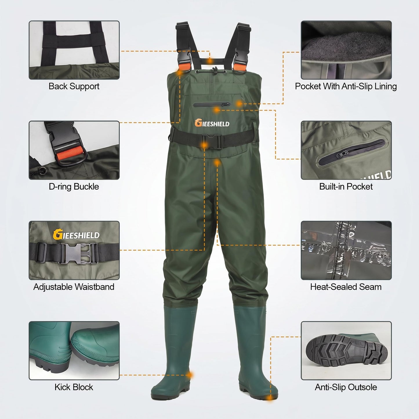 GIEESHIELD Waterproof Bootfoot Chest Waders for Men and Women, Lightweight 2-Ply Nylon/PVC Fishing & Hunting Waders with Boot Hanger - Green (Green, M6/W8)