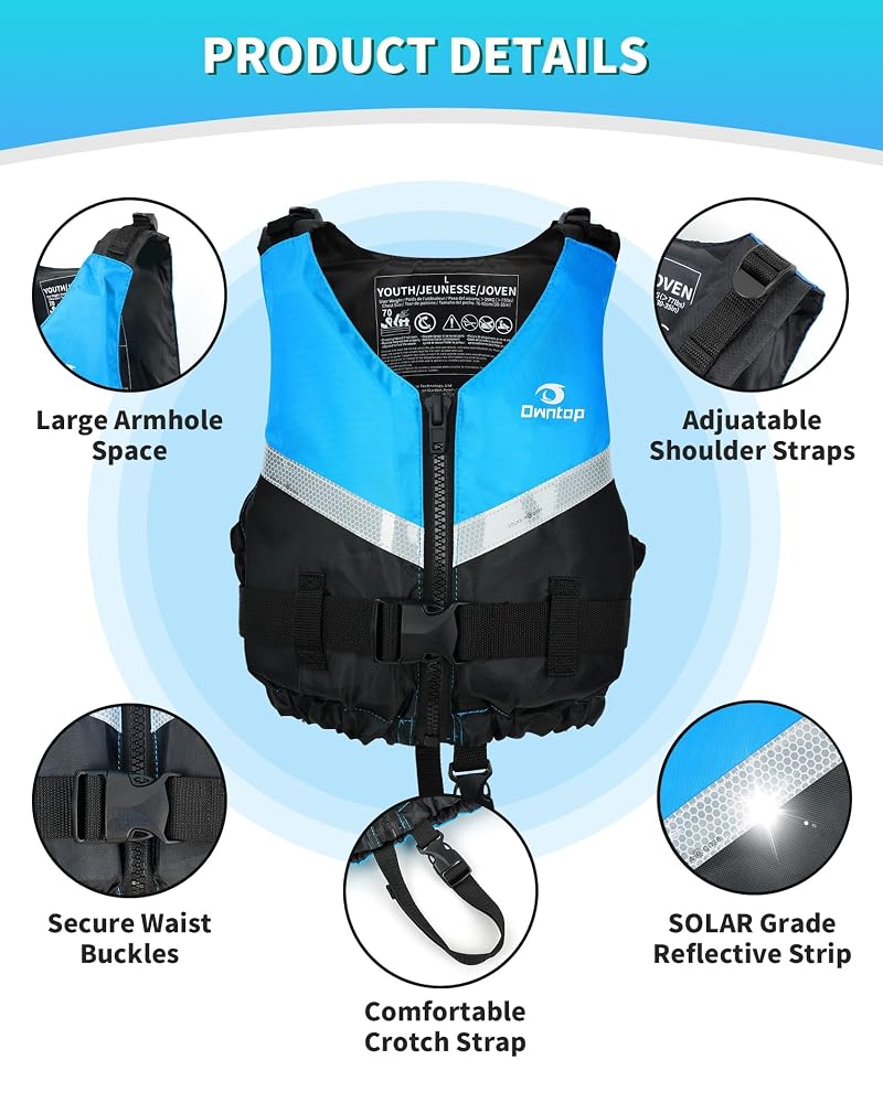 Owntop Kids Swim Vest - Ultra Thin Lightweight PFD with Crotch & Adjustable Waist, High-Visibility Blue (75-125 lbs) - Training, Kayak, Boating