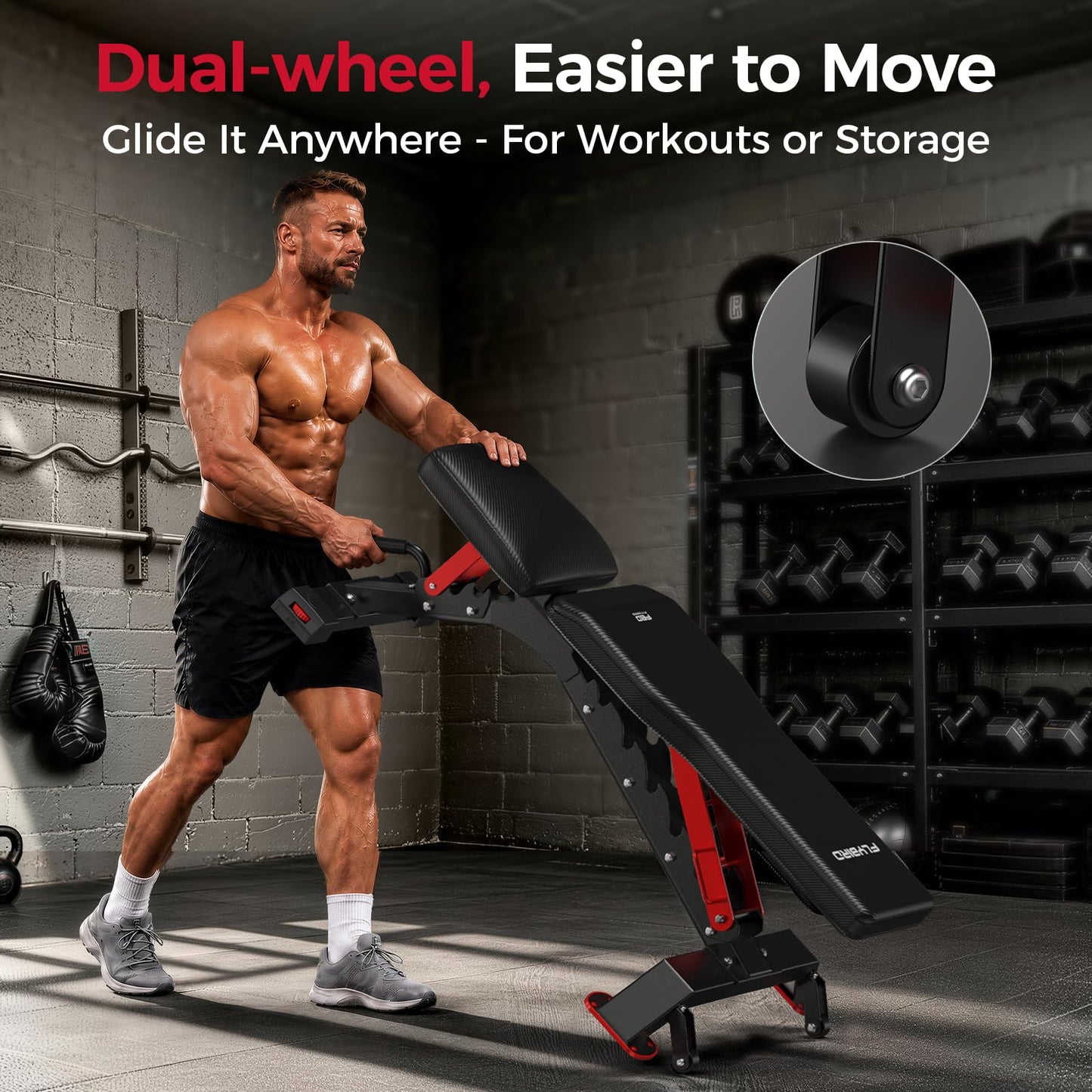 FLYBIRD WB7 Weight Bench, Commercial Grade Adjustable Weight Bench - 1300LBS Workout Bench for Home Gym, Flat Incline Bench Press Heavy Duty Bench with 34'' Extra-Long Backrest and Easy-Roll Wheels