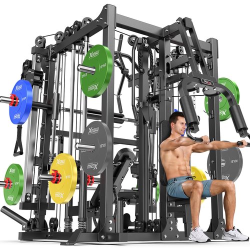 Smith Machine with Cable Crossover System, Multi-Function Squat Rack Power Cage for Home Gym, Power Rack and Packages Weight Sets (Black, L07-Smith Machine+Weight Bench+Color BP 230LBS)