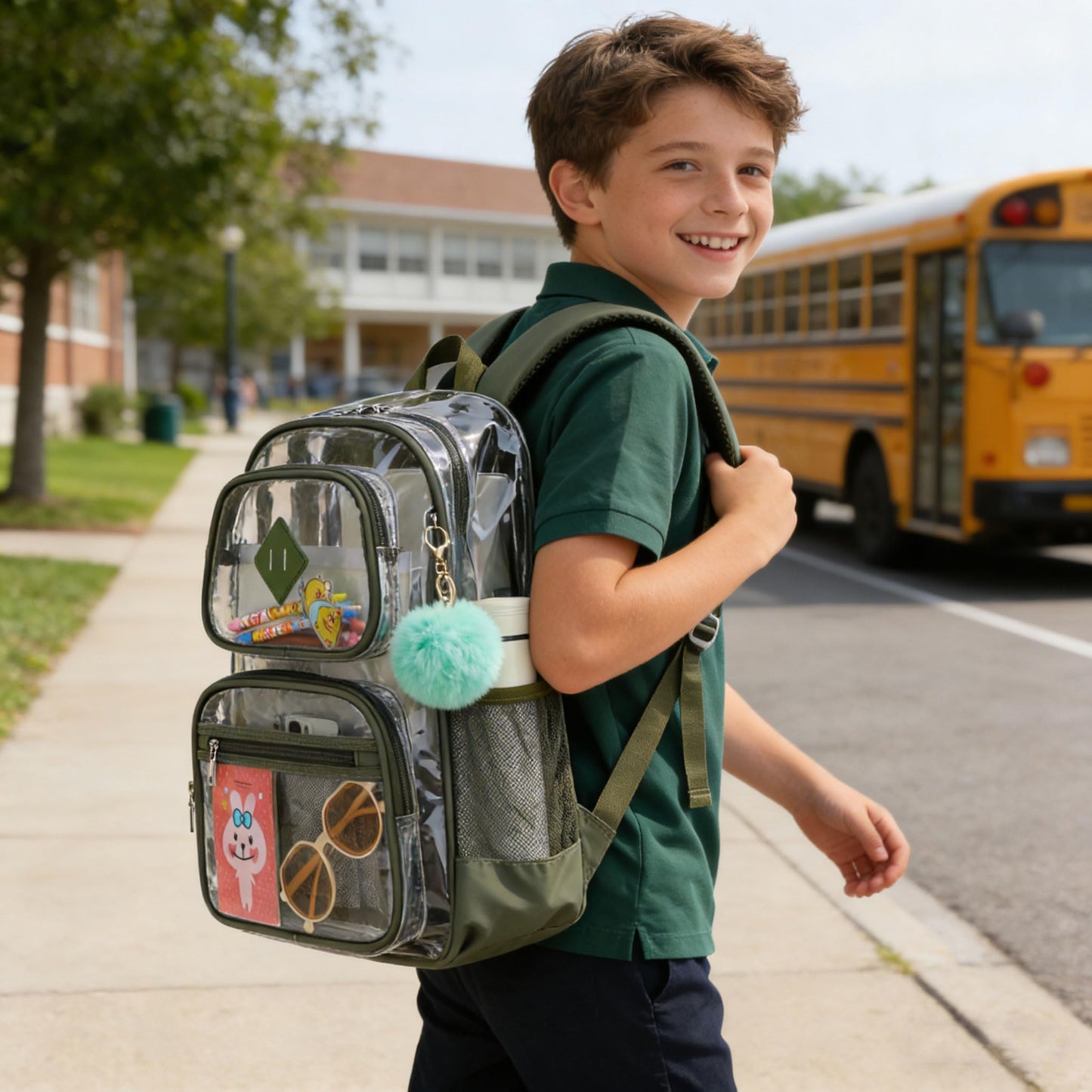 Heavy Duty Clear Backpack for Girls Boys Transparent School Bookbag Kids Durable PVC See Through Backpack-Army Green