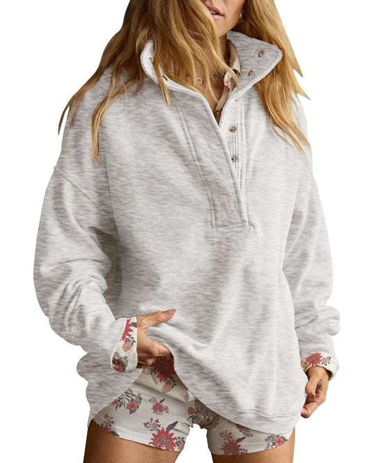Gacaky Sweatshirt for Women Oversized Casual Long Sleeve Button Henley Neck Pullover Tops Fashion Outfits Clothes Light Gray S