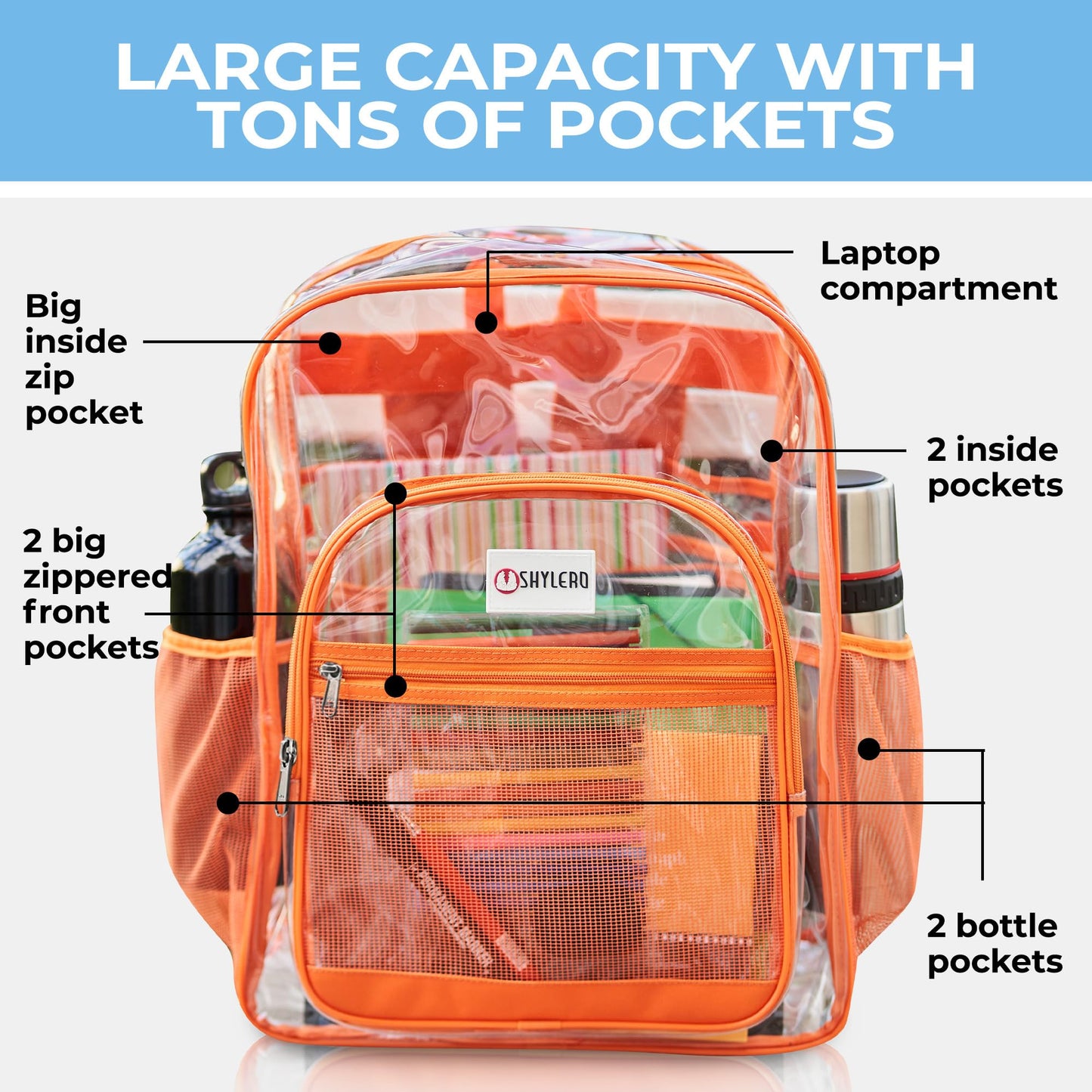 SHYLERO Clear Backpack Heavy Duty has TSA Lock, 2-WAY Zipper. PVC Transparent Backpack Is Extra Large - H18''xW14''xD8 - Orange