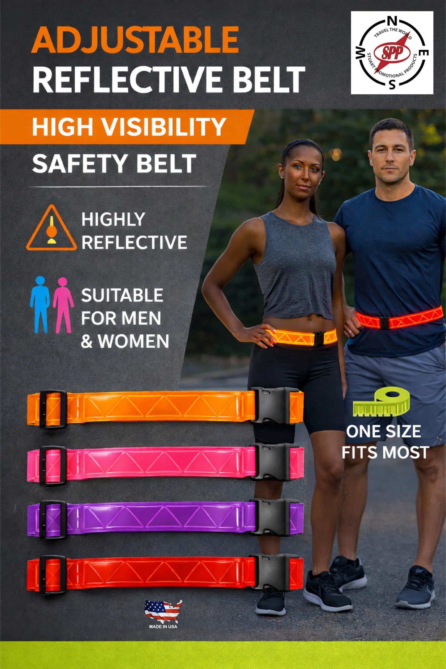 Stuart Promotional Products Neon Green, Reflective, Safety, Belt. Perfect for Running, Walking, Cycling, PT, Military, Hunting..