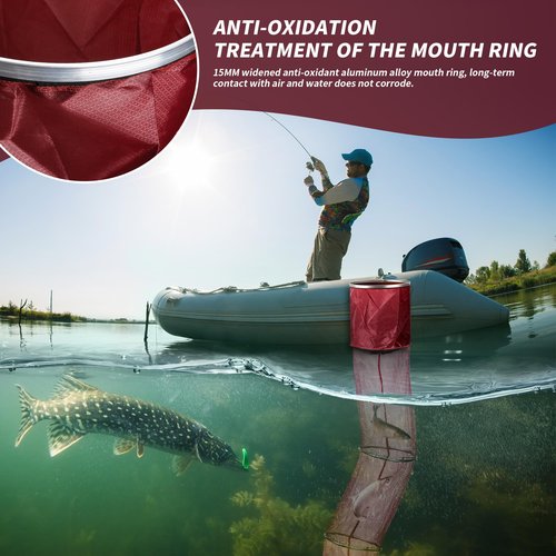 MATUFF Portable Foldable Fish Basket, Fishing Net Cage for Live Fish, Metal Rustproof Ring Drop Net with Anchor Bolt Robust for Saltwater Freshwater Pier Fishing Baskets Net, 13 in x 6.5 FT Burgundy