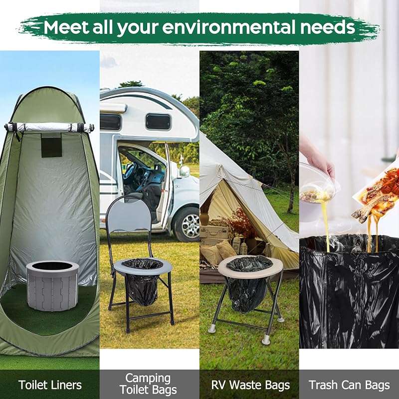 100 Biodegradable Portable Camping Toilet Bags - 4 Rolls, 27.6 x 23.6 in, 1.5 mil Thick, for Buckets & Portable Toilets (Variation: 100)