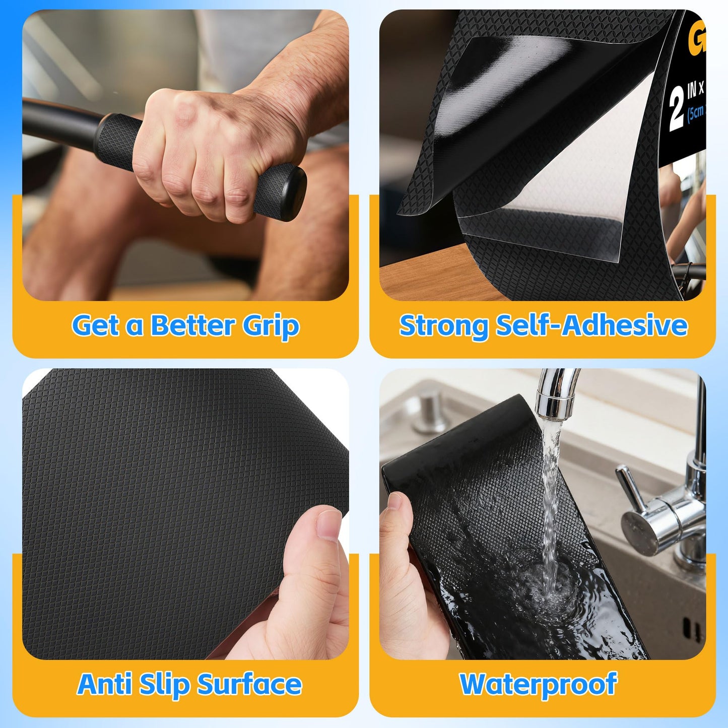 Xfenvs Rubber Grip Tape, 1 in x 22 Ft Black Ultra-Thin Strong Adhesive Non-Slip Tape, Anti-Slip Grip Tape for Handles, Waterproof Heat Resistant Cushion Grip, Comfortable in Hands