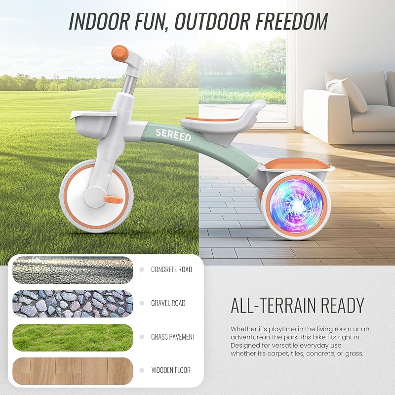 SEREED Colorful Light-Up Tricycle for Kids Ages 2-5 — Green, 3-Position Seat