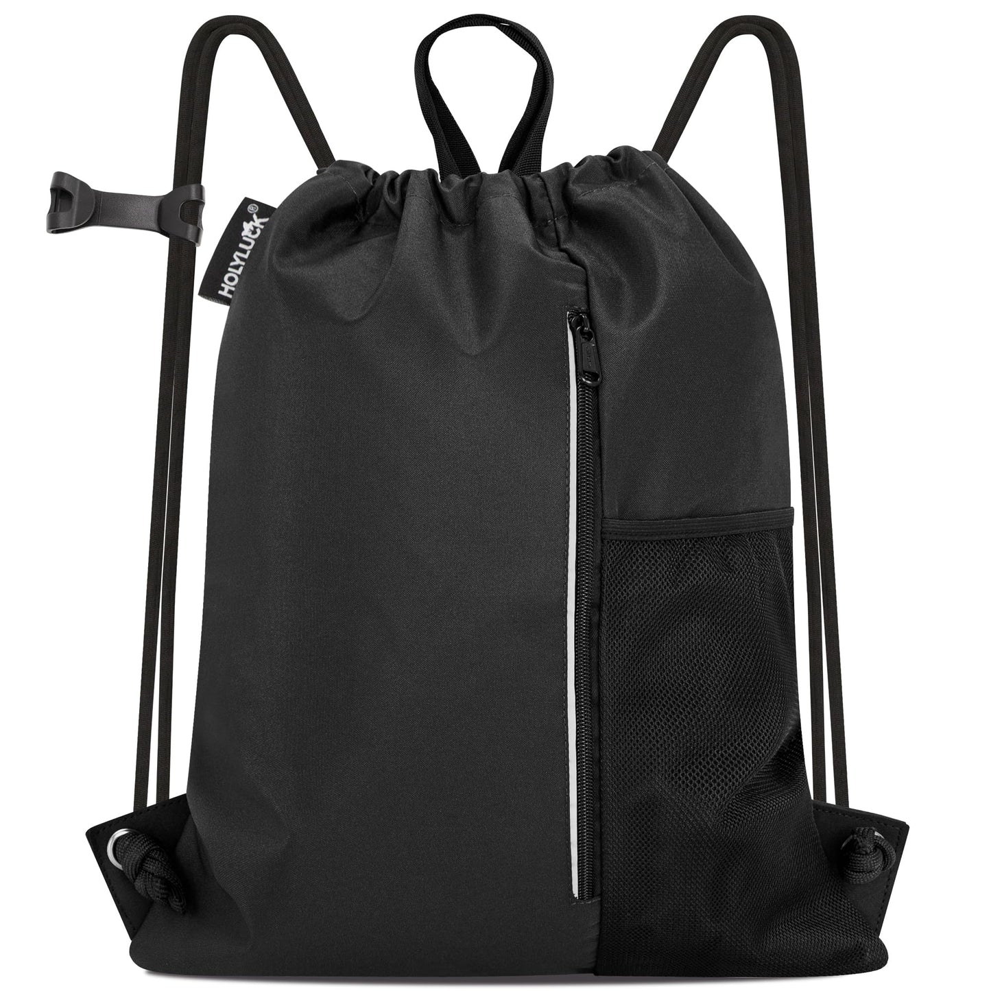 HOLYLUCK Men & Women Outdoor Sport Gym Sack Waterproof Drawstring Backpack Bag (Drawstring With Side Mesh Pocket, Black)