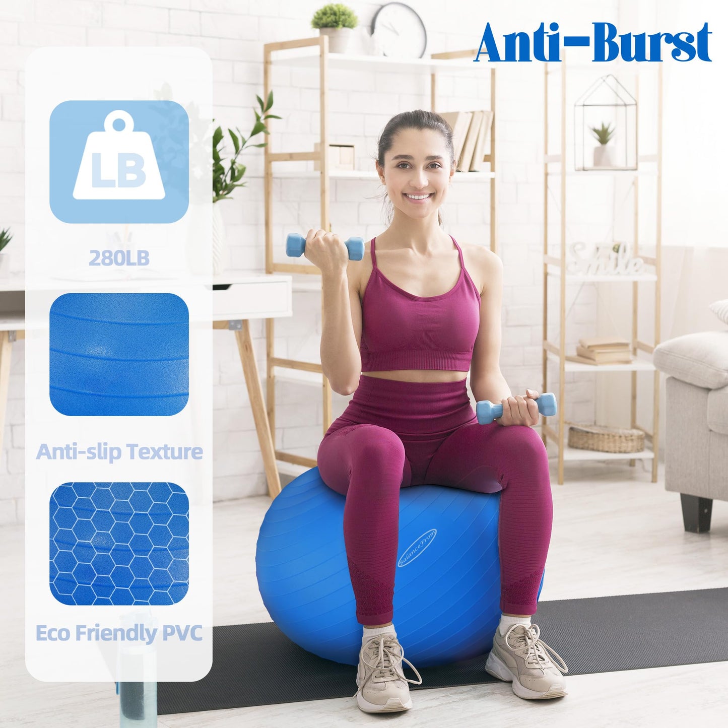 Fitvids Anti-Burst and Slip Resistant Exercise Ball Yoga Ball Fitness Ball Birthing Ball with Quick Pump, 2,000-Pound Capacity, Blue, 26-inch, L