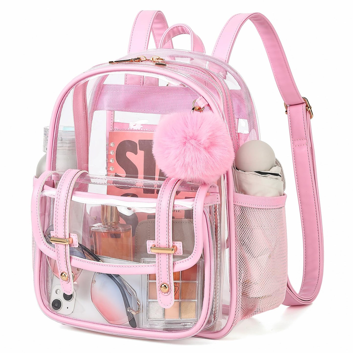 Clear Backpack for Stadium Events, 12x 12x 6 Small Transparent Backpack PVC Mini See Through Bag for Women Girls for Concert Festival, Pink