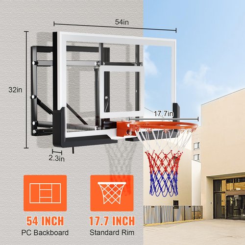 LotFun 54 Inch Wall Mount Basketball Hoop, 8-20FT Height Adjustable Basketball Backboard and Rim, Backboard for Indoor/Outdoor Garage, Gym, School, Driveway