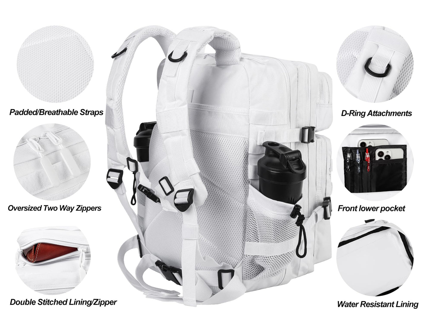 LHI Military Tactical Backpack for Men and Women 45L Army 3 Days Assault Pack Bag Large Rucksack with Molle System - White
