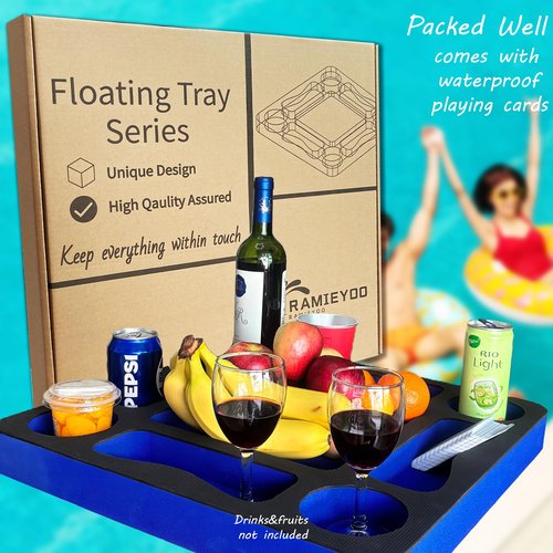RAMIEYOO Floating Pool Games Table for Adults - All-in-One Drink Holder & Refreshment Station for Pool, Beach, Hot Tub,Waterproof Cards Included,Summer Party Essentials (Black-Blue, 19 * 19 Inch)