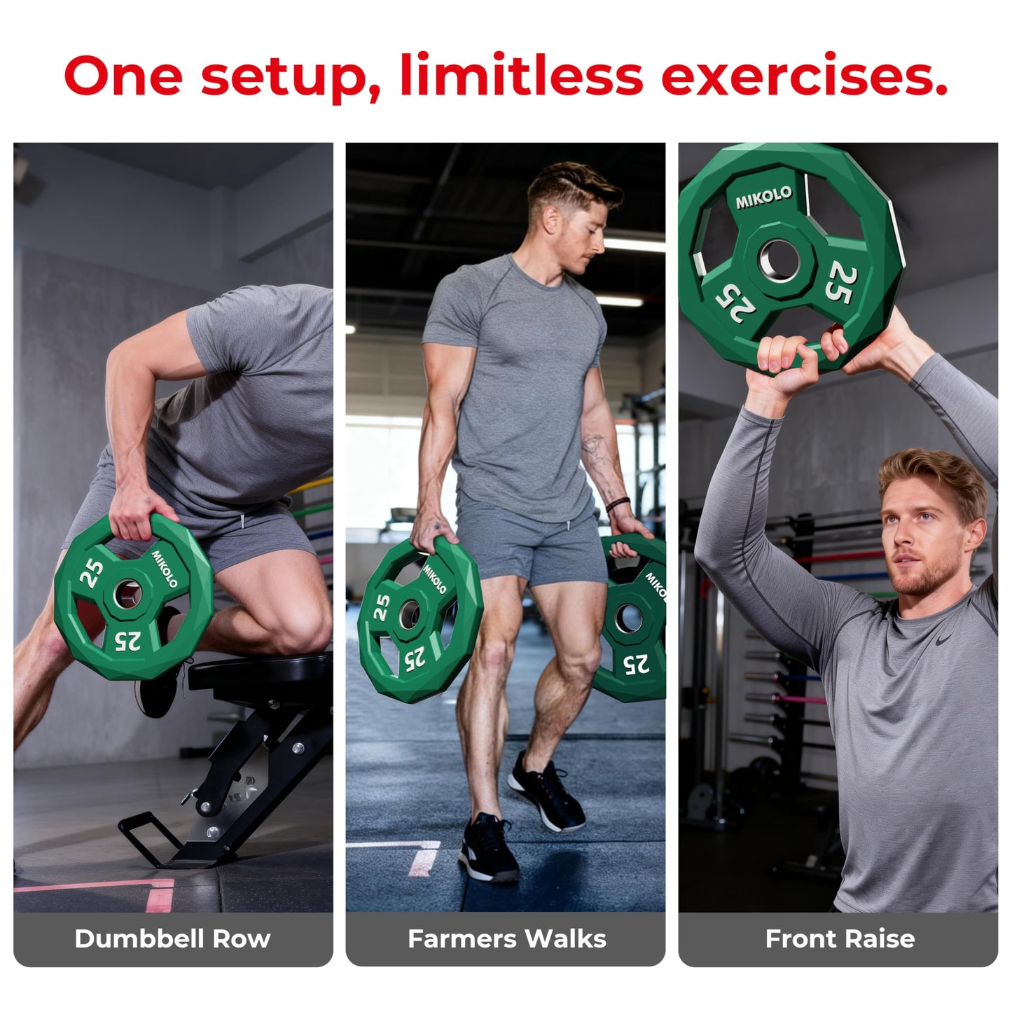 Mikolo Olympic Weights Set 2-Inch Rubber Plates, 12-Sided Non-Roll Rubber Grip with 3 Handles for Home Gym, Strength Training 35LB Pair